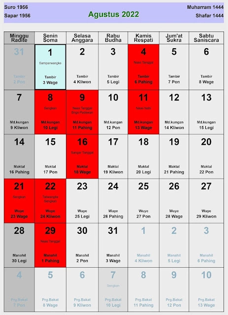 Gambar Kalender Jawa Agustus 2022 Hari Baik & Buruk