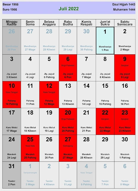 Gambar Kalender Jawa Juli 2022 Hari Baik & Buruk