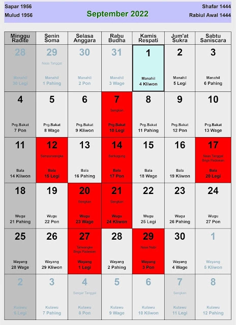Gambar Kalender Jawa September 2022 Hari Baik & Buruk